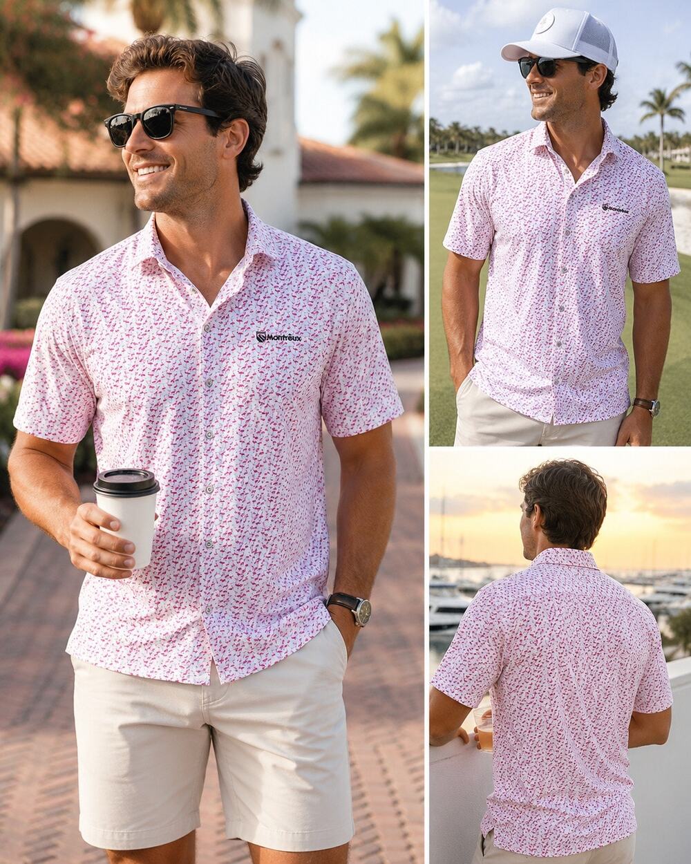 Johnnie-O Pink Flamingo Performance Button Front Resort Golf Shirt Medium